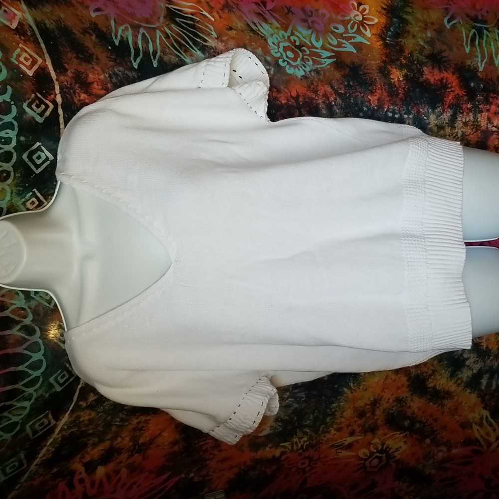 Joie White Cotton Short Sleeved V-neck Sweater Sz L